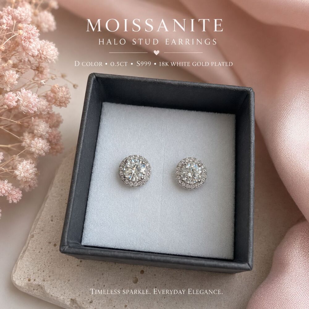 Moissanite Halo Stud Earrings 0.5 CT D Color S999 18K White Gold Plated GRA